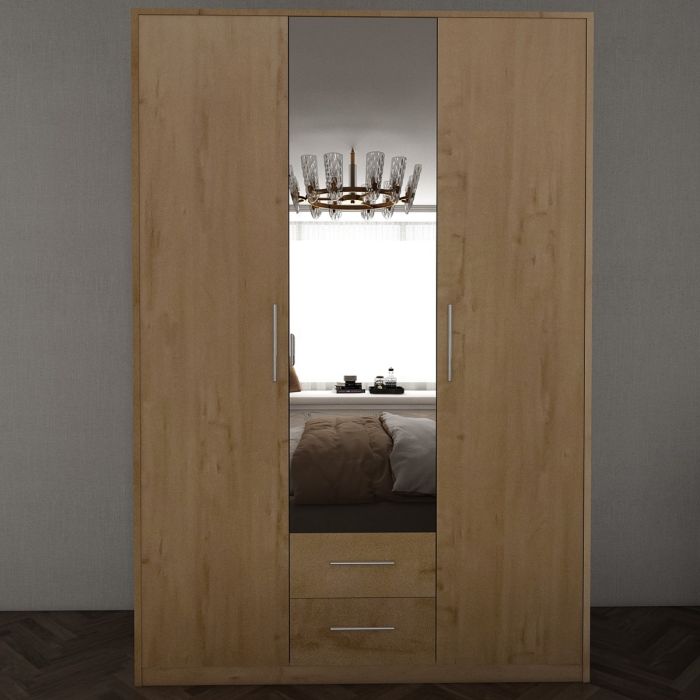 WINSTEAD 3 Door Mirrored Wardrobe with 2 Drawers Oak - 135cm