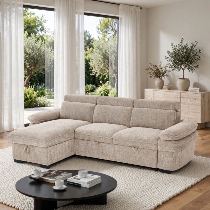 CAVENTO Fabric 3 Seater L Shaped Corner Sofa Bed - Beige, Universal Facing