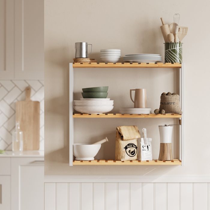 Bamboo Shelf - MARDA Wall Mounted or Freestanding Bathroom Shelving Unit - Light Wood