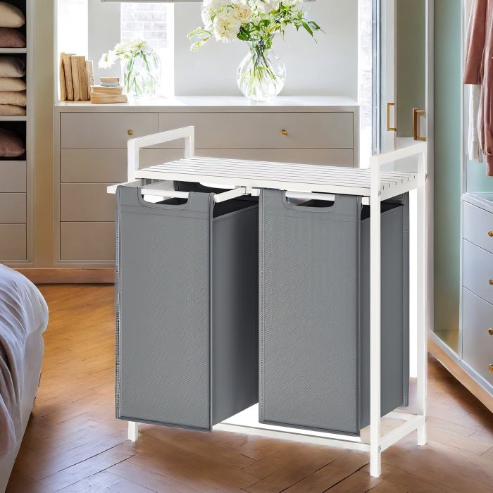 Laundry Sorter - MARDA 2 Removable Bags Metal Frame - White Grey