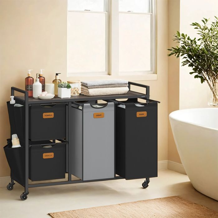 Laundry Sorter - MARDA 4 Compartment Rolling Cart with Shelf - Chestnut Brown