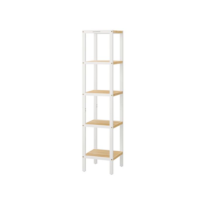 Bamboo Shelf - FINVAS 5 Tier Bathroom Storage - White and Beige