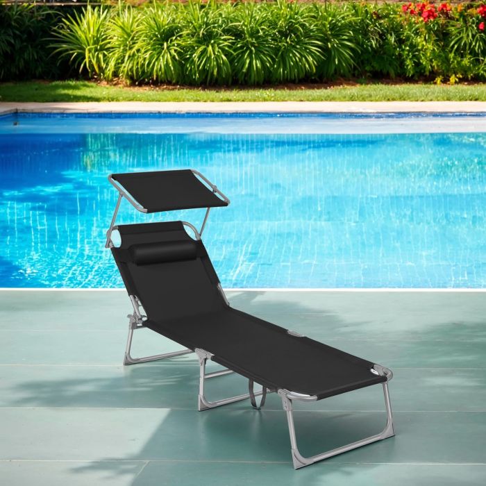 Sun Lounger - FIORIA Folding Deck Chair Sunbed - Black
