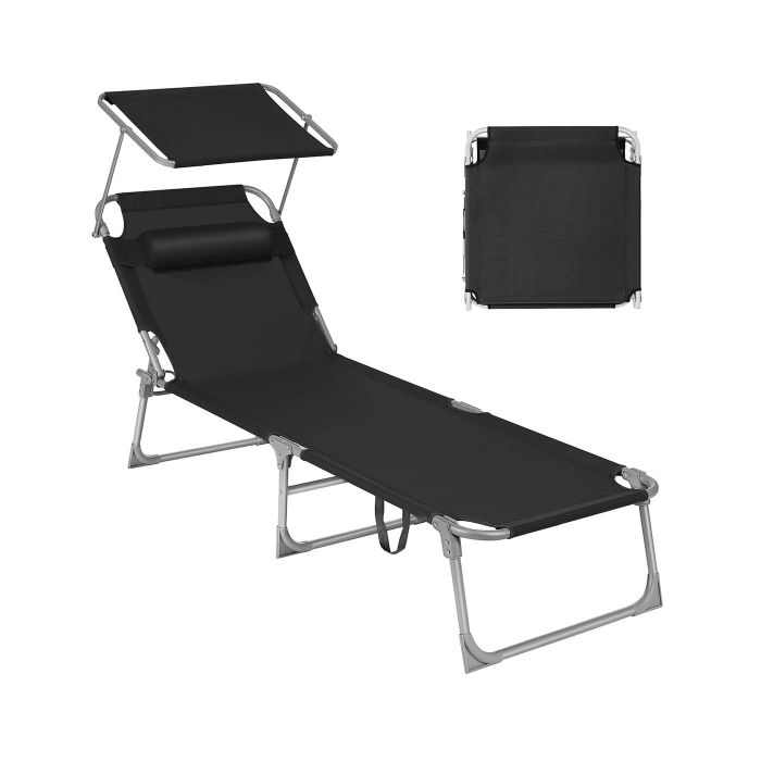Sun Lounger - SERRIA Folding with Sunshade, Headrest, Adjustable Backrest - Black