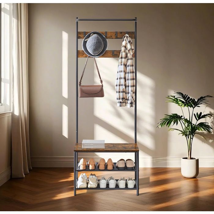Hall Tree - TARVA Entryway Bench Coat Rack Shoe Storage - Brown