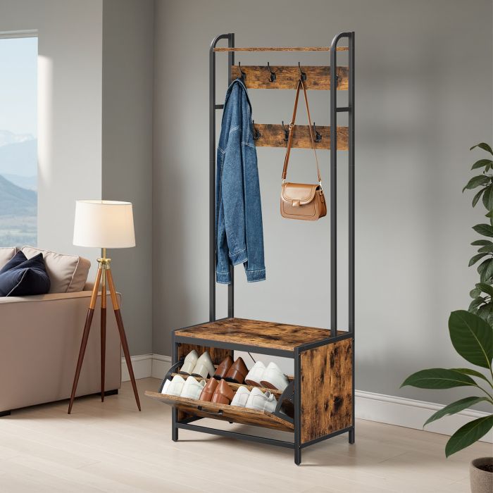 Hall Tree - TARVA Industrial Entryway Bench with Shoe Storage, Shelf and 7 Hooks - Brown