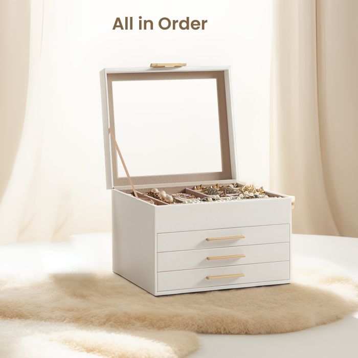 Jewellery Box - VERRIA 4-Layer Organizer with Glass Lid and 3 Drawer - White