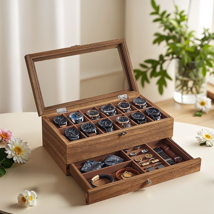 Watch Box - VERRIA 12 Slot Wood Organizer with Glass Lid - Camel Brown