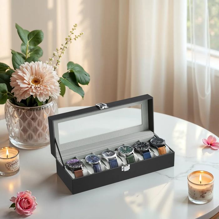 Watch Box - VERRIA 6 Slot Organizer Case with Glass Lid and Removable Pillows - Grey Black
