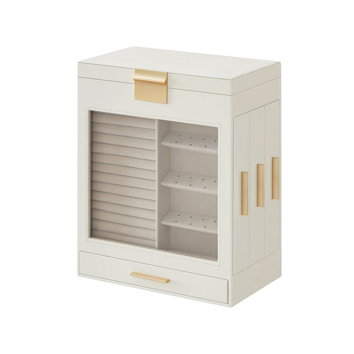 Jewellery Box with Glass Window, 5-Layer Jewellery Organiser with 3 Side Drawers, Jewellery Storage, with Vertical Storage Space, Big Mirror, Modern Style, Cloud White JBC162W01