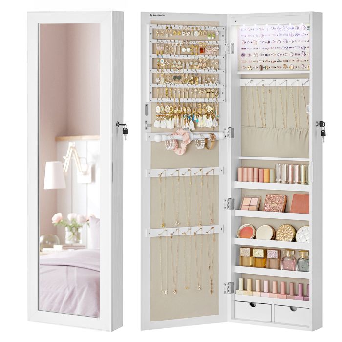Jewellery Cabinet - VERRAE Mirrored Storage with Multiple Compartments - White