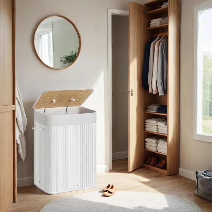 Laundry Hamper - VERRA Foldable Bamboo Basket with Lid and Handles 72L - White