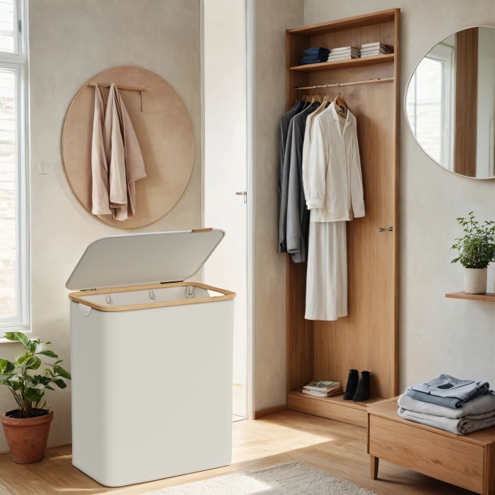 Laundry Basket - VERRA 3-Section Large Hamper with Lid 150L - White