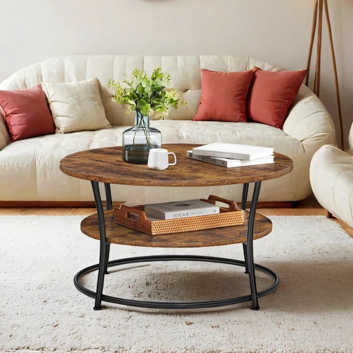 Coffee Table - VERRA Round Cocktail Table with Shelf - Brown Black