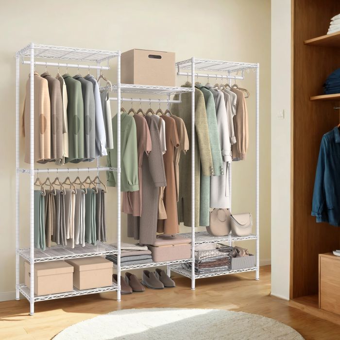Portable Wardrobe - VERRA Portable Open Metal Clothes Rack with Adjustable Shelves and Hanging Rail - White