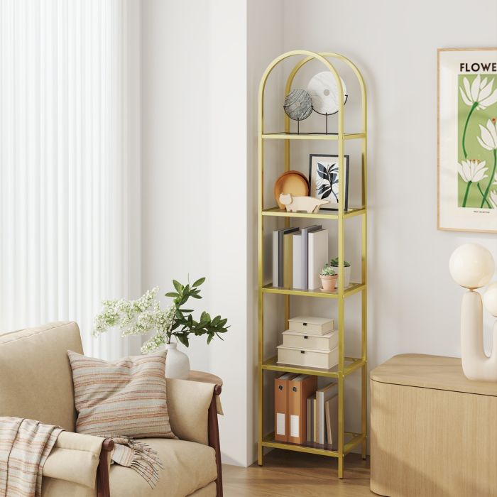 Storage Rack - VERRA 5 Tier Glass Display Bookcase with Steel Frame 83cm - Gold