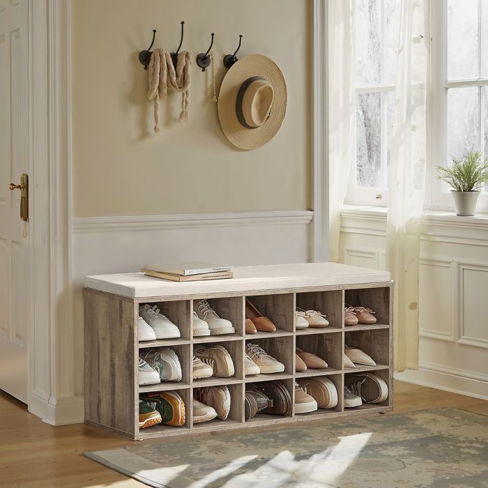 VERRA Shoe Bench - 15 Compartment Cushion Seat Medium Sized Bench - Camel Brown