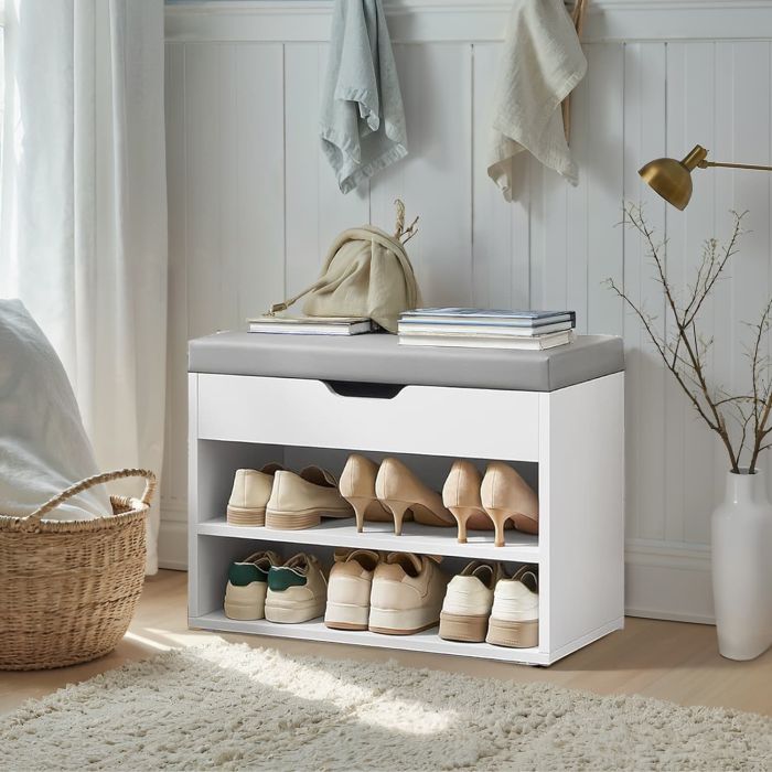 VERRA Shoe Bench - 3 Compartment Lid Storage Cushion Small Sized Bench - Cloud White