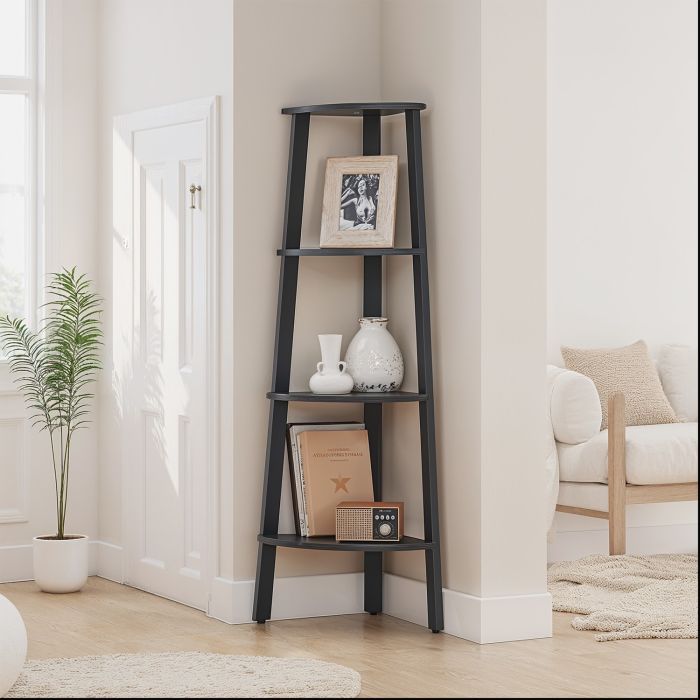 Corner Shelf - VERRA 4 Tier Bookshelf Storage Unit with Steel Frame - Charcoal Grey