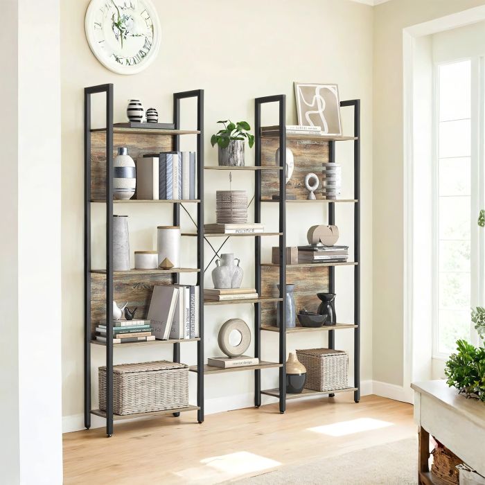 Bookcase - VERRA 5 Tier Metal Frame Bookcase with 14 Shelves - Grey