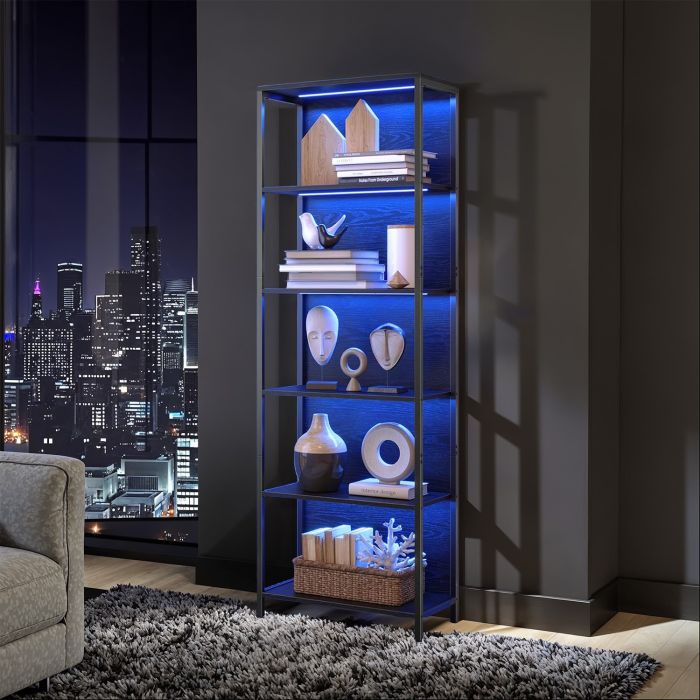 Bookcase - VERRA 6 Tier LED Shelf with Dimmable Lights Steel Frame - Black