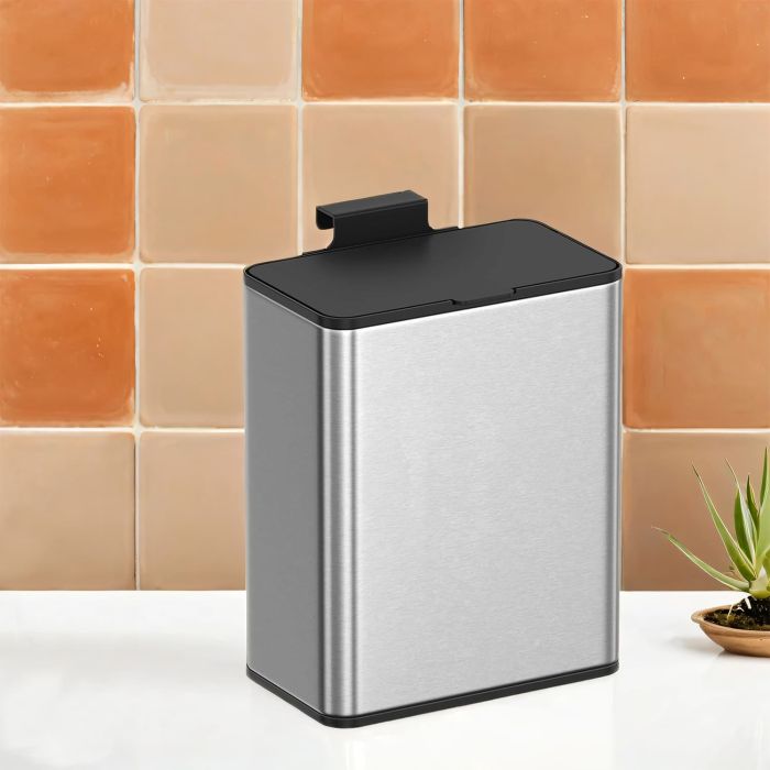 Trash Can - VERRA 8L Hanging Kitchen Bin with Lid Wall Mounted or Cupboard Hanging - Silver