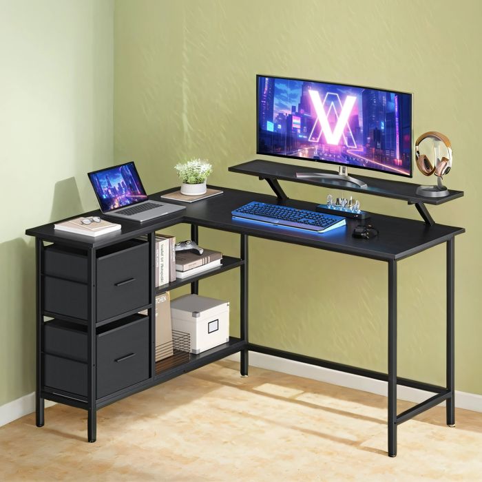 Gaming Desk - VERRA L-Shaped with Monitor Stand, Drawers, Adjustable Shelf 135cm - Rustic Brown