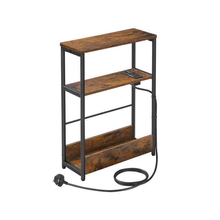 Side Table - VIVNIA 3 Tier Slim with Charging Station Rustic Brown and Black