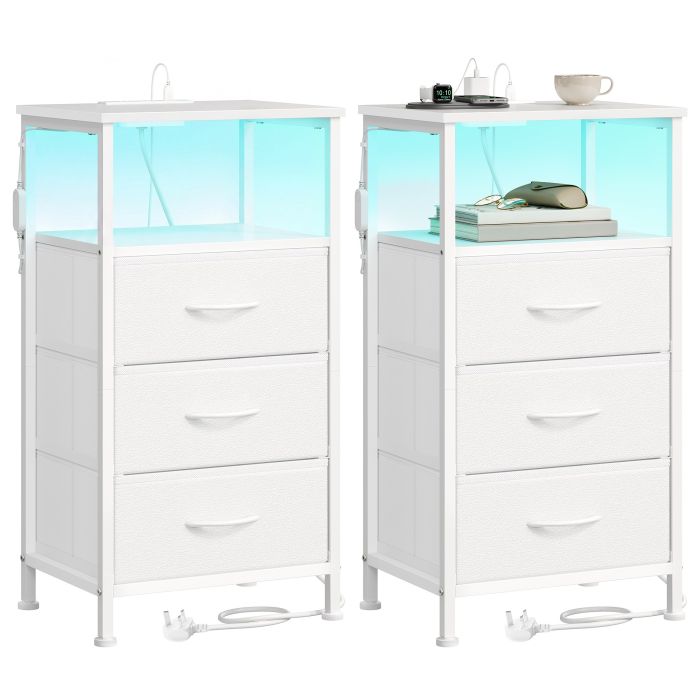 NEWELM Set of 2 3 Drawers Bedside Tables with Charging Station - Cloud White