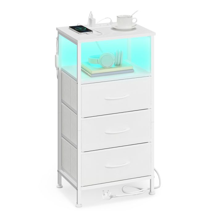 MADAMA 3 Drawer Bedside Table with Charging Station - Cloud White and Snow White