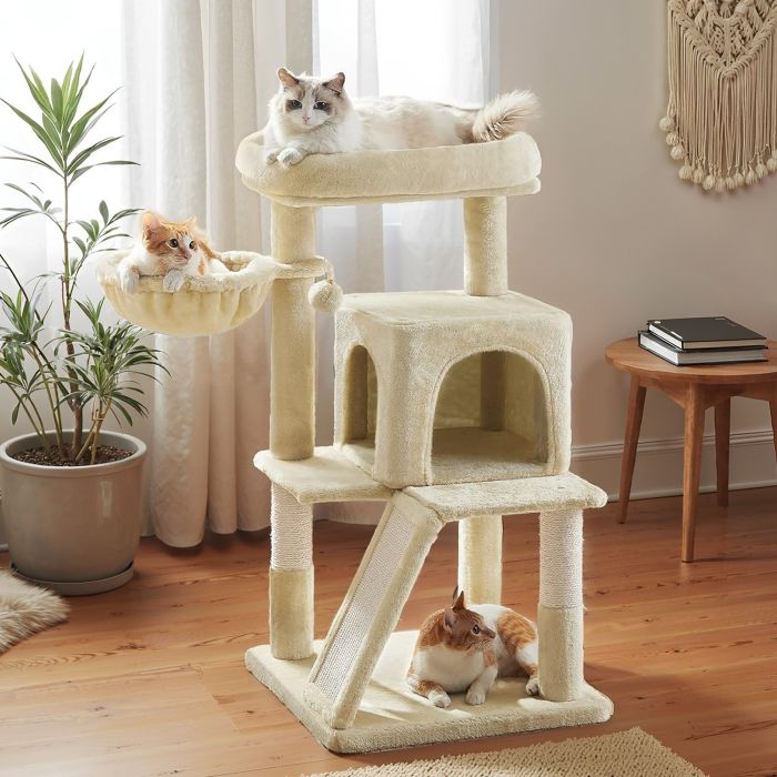 Cat Tree - MARRAE Small Tower with Widened Perch for Large Cats and Kitten - Beige