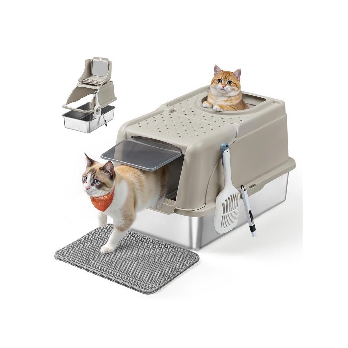 Cat Litter Box - SERZA Stainless Steel XL with Flip Lid for Cats up to 15 kg - Beige Cappuccino