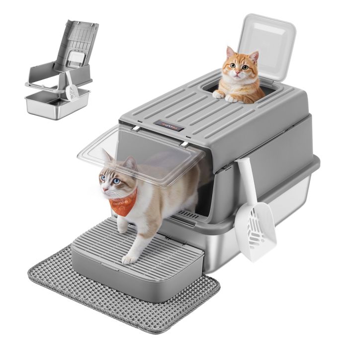 ROTIMA Stainless Steel Cat Litter Box with Flip Lid - Dove Grey