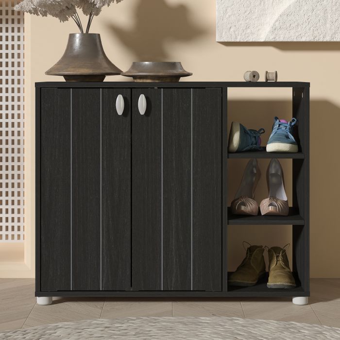 Shoes Cabinet - Siddley Shoe Cabinet with Two Doors and Open Shelves Rustic Black and Oak