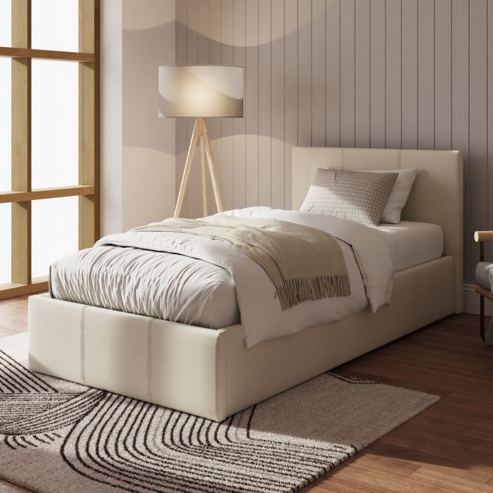 Side Lift Ottoman 3ft Single Bed with Stitched Headboard and Hopsack Fabric - Natural