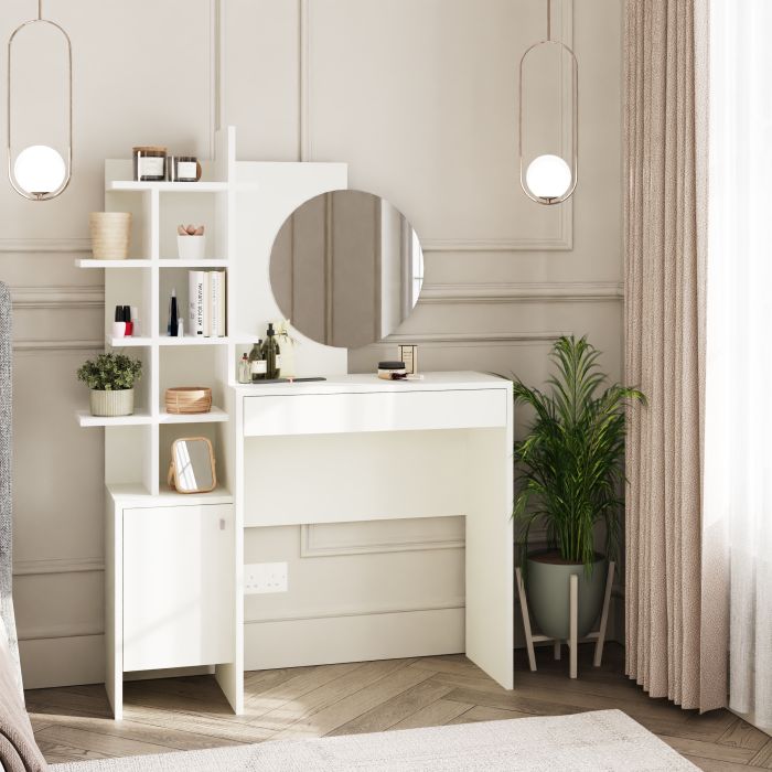 Elysian Haven White Five Tier Open Shelf Dressing Table with Round Mirror - White