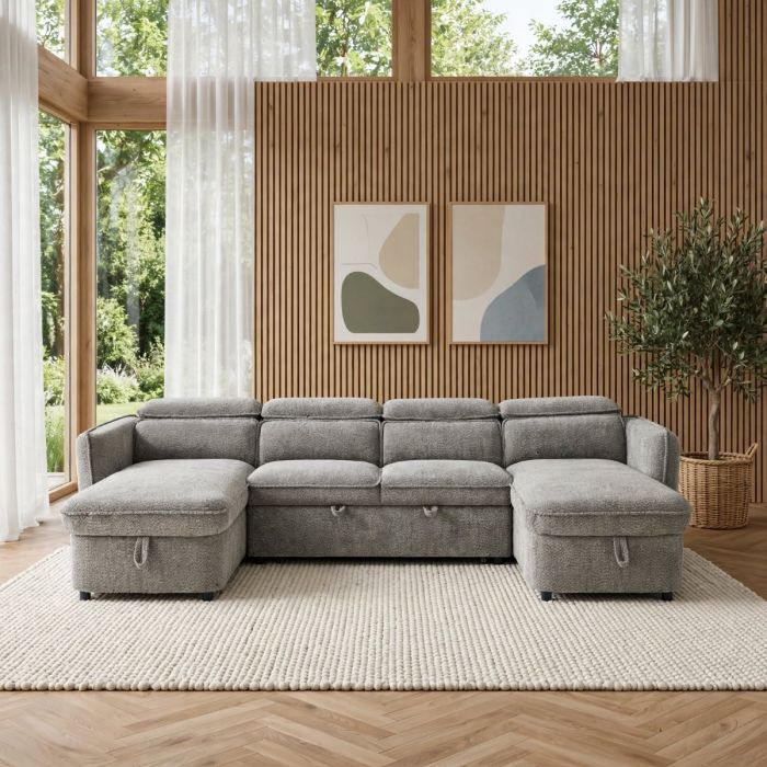 ELVAREN Fabric 4 Seater U Shaped Corner Sofa Bed - Grey