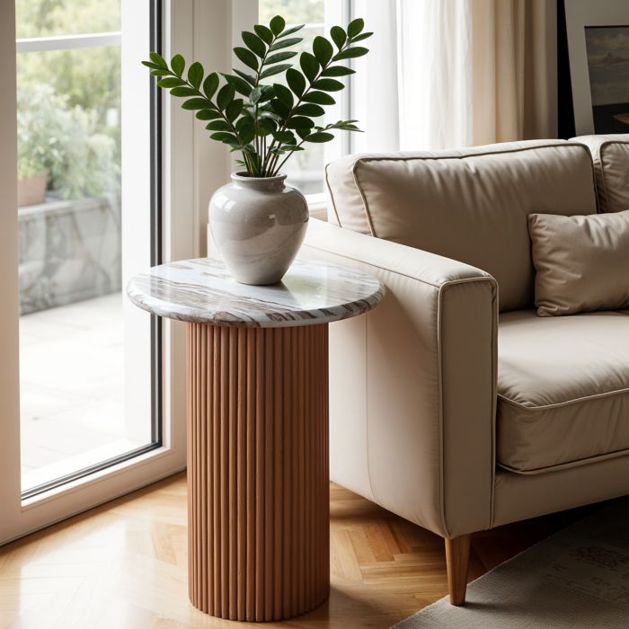 ASHMERE Natural Marble and Wood Pedestal Side Table - Oak Finish