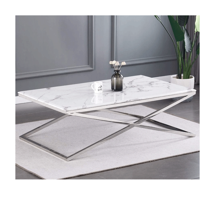 Lesbury Stylish Silver Frame Coffee Table with Artificial Marble Top