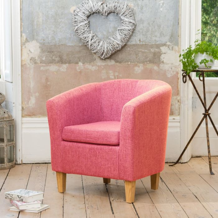 Tub Chair - VIVELLA Textured Fabric Chair with Light Wood Legs - Pink
