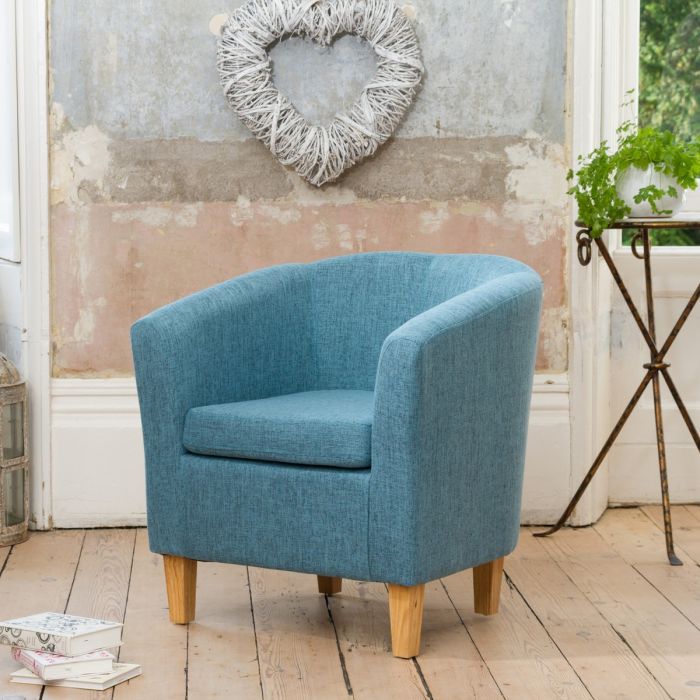 Tub Chair - VIVELLA Textured Fabric Chair with Light Wood Legs - Teal