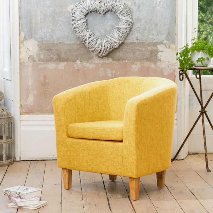 Tub Chair - VIVELLA Textured Fabric Chair with Light Wood Legs - Yellow