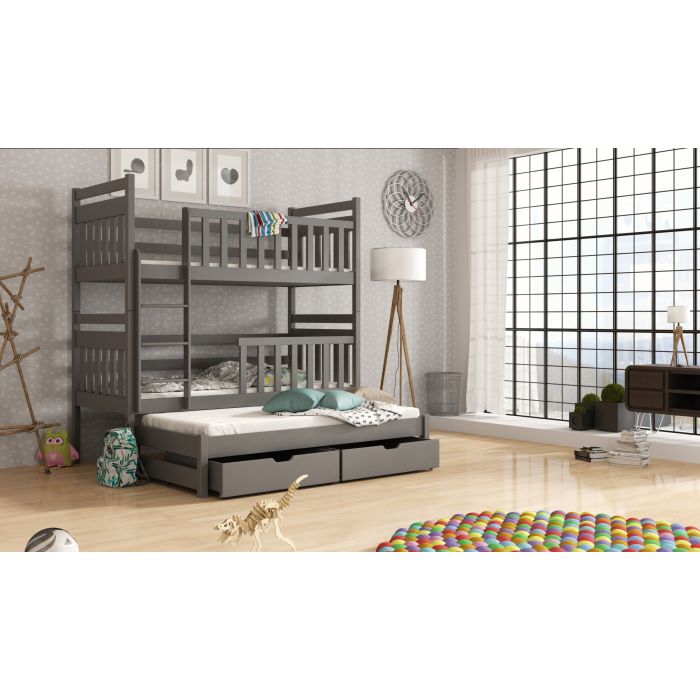 Clare Wooden 2 Drawers Bunk Bed with Trundle - Graphite