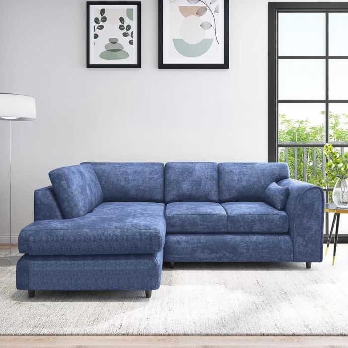 LORVANI Fabric 4 Seater L Shaped Fullback Corner Sofa - Midnight Blue, Left Hand Facing