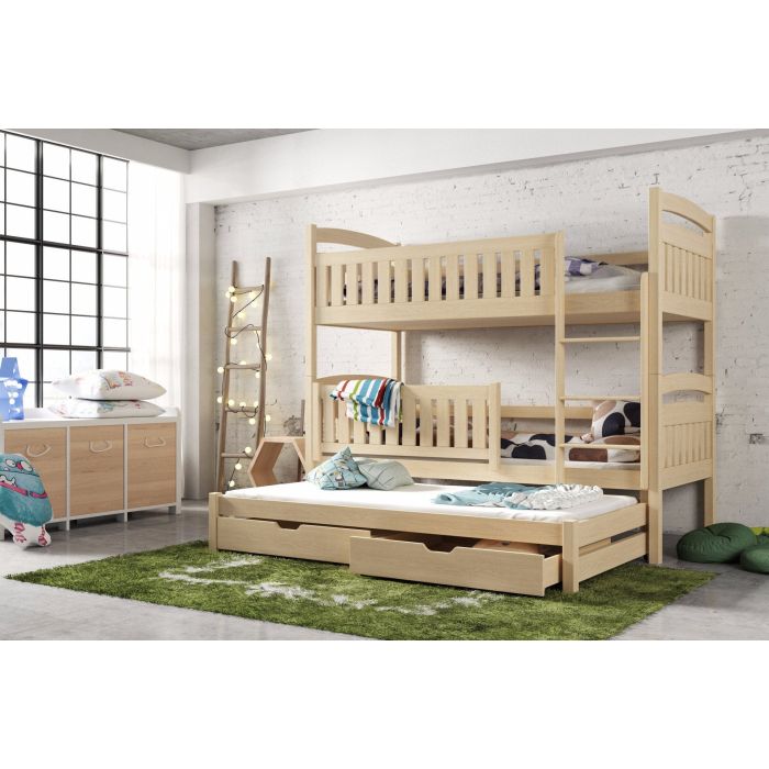 Brenda Wooden 2 Drawers Bunk Bed with Trundle and Foam Mattress - Pine