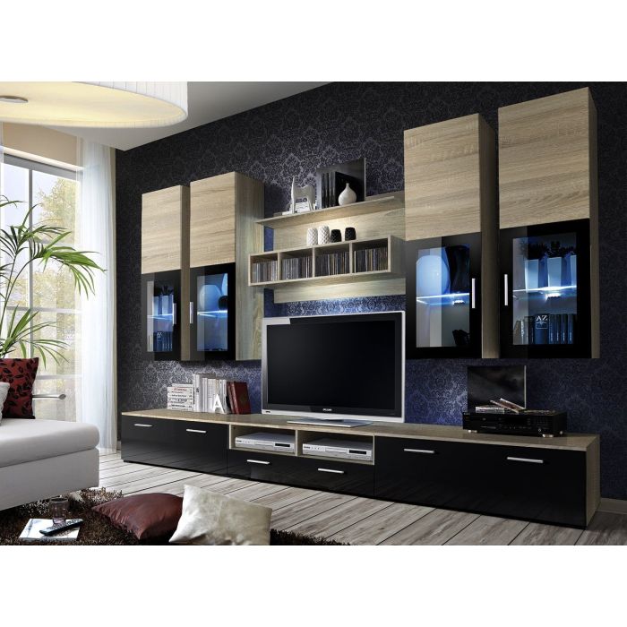 Harp Entertainment Unit - Black Gloss and Oak Sonoma