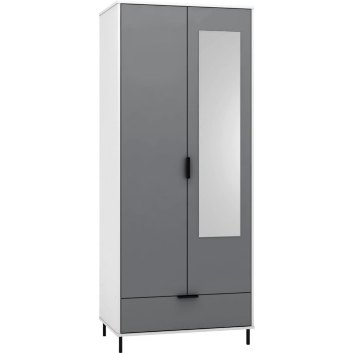 MANILA 2 Door Mirrored Wardrobe with 1 Drawer Grey and White Gloss - 81cm