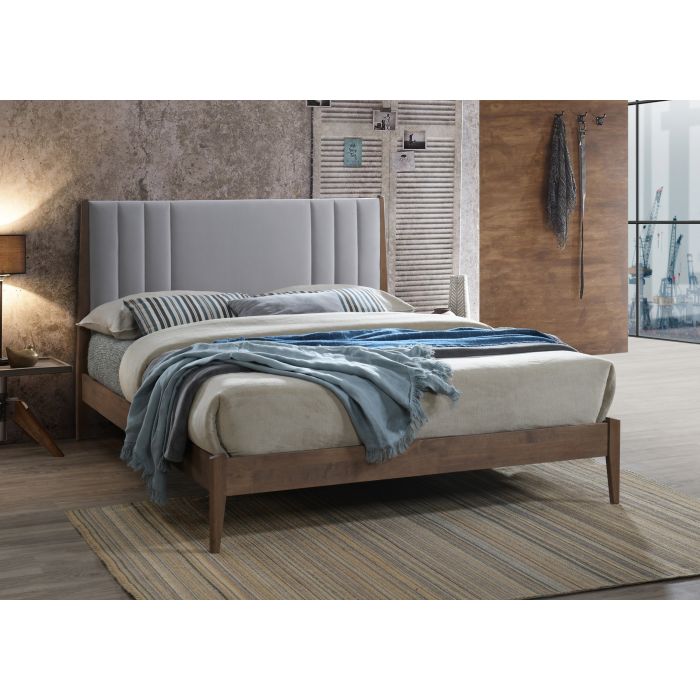 Double Bed - CHELVARA Wooden 4ft6 Fabric Bed Light Grey