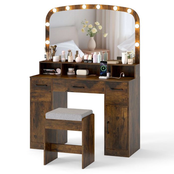 CANDERBY 108 CM Wide Vanity Desk with Mirror and Lights for Bedroom-Rustic Brown