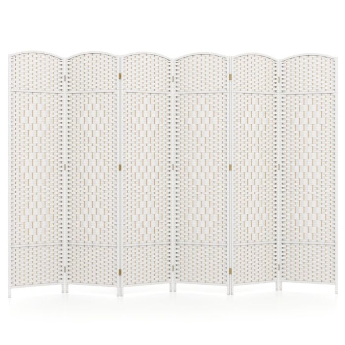 6 Panel Folding Room Divider with Hand-Woven Wicker for Home Office-White